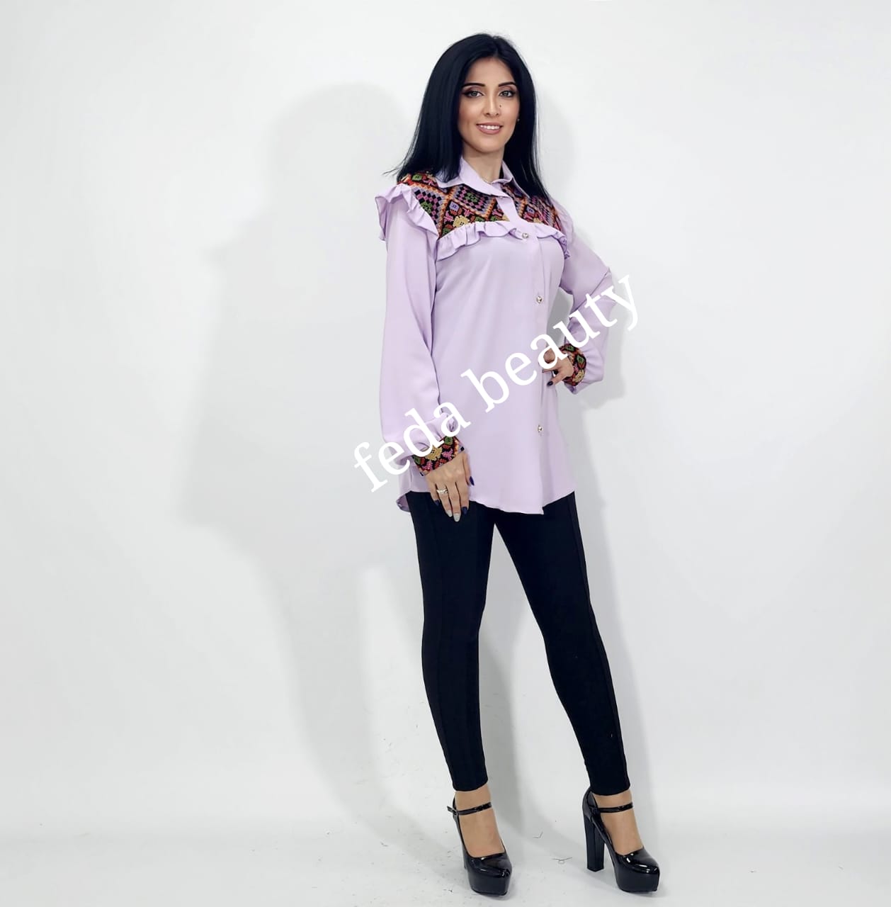 An oriental style shirt with a new and elegant collection from Fida Beauty's 2023 collection