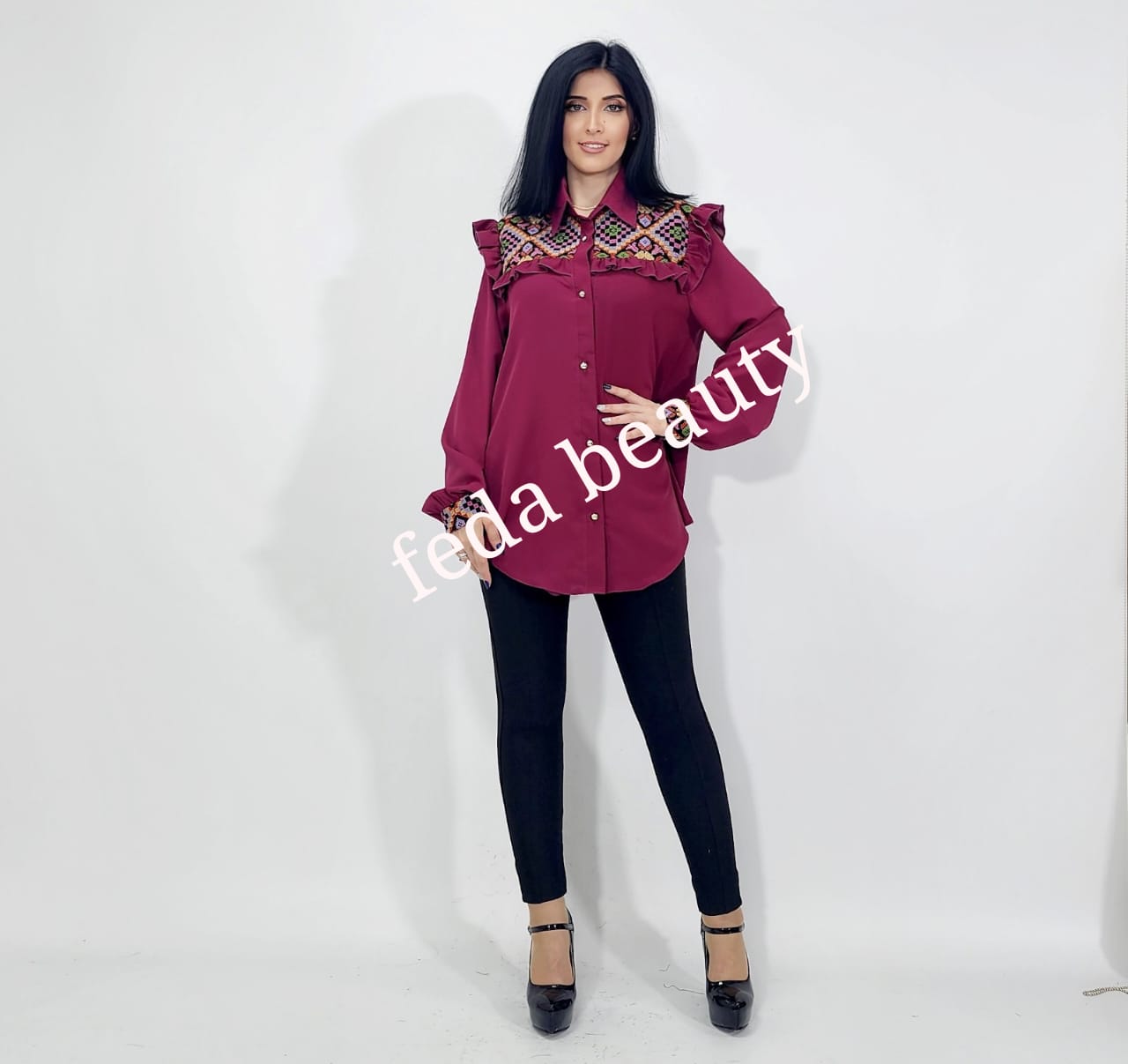 An oriental style shirt with a new and elegant collection from Fida Beauty's 2023 collection